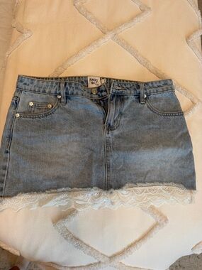 Princess Polly Light Blue Denim Mini Skirt with White Lace Hem